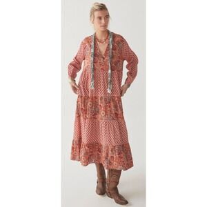 Maison Hotel Lala Dress In Rust Flamingo Patchwork Tiered Maxi Dress Size M